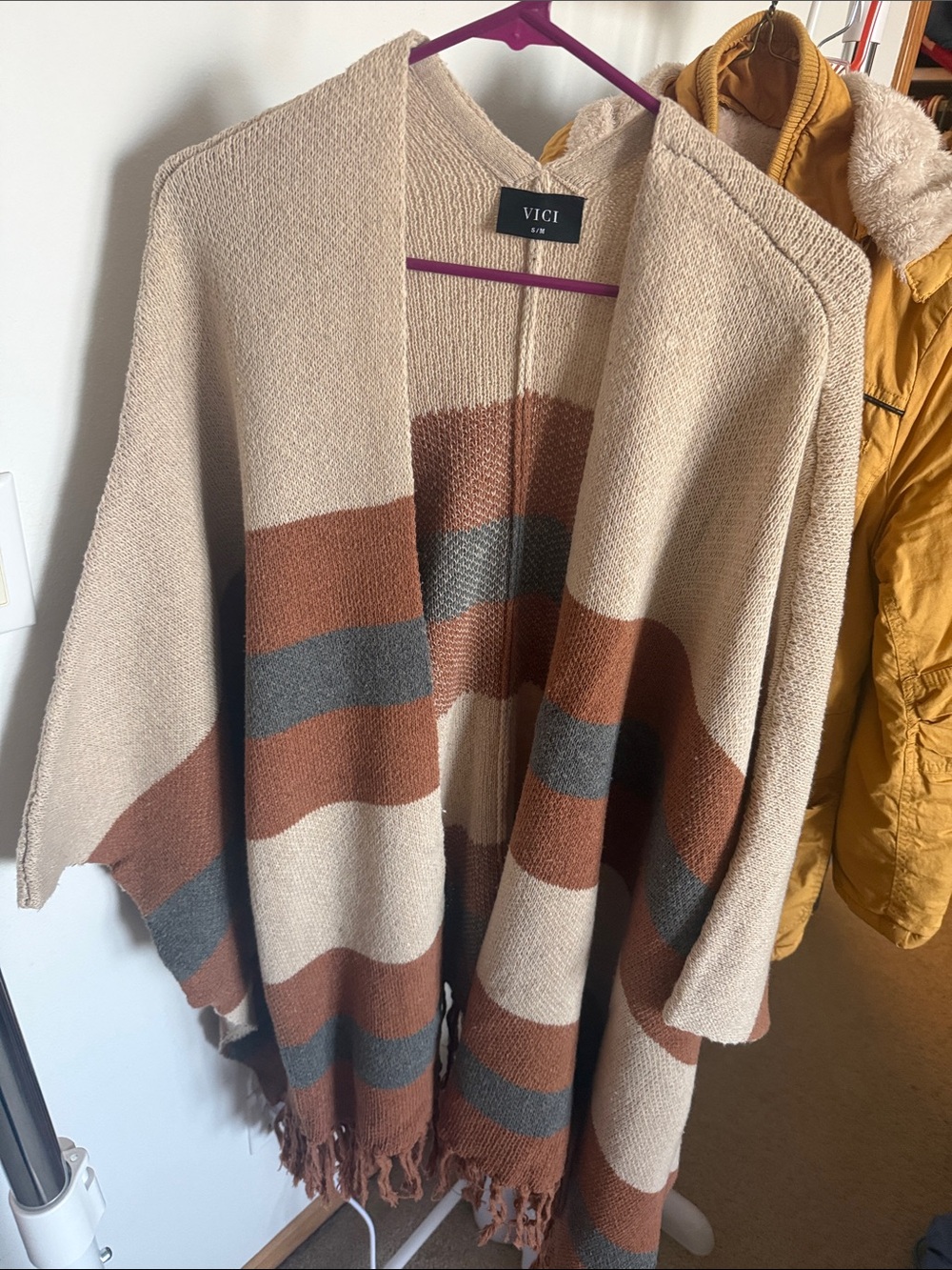 VICI Beige, Rust & Gray Striped Open-Front Fringe Poncho